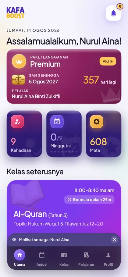 Skrin utama KAFA Boost, menunjukkan pakej langganan dan kelas seterusnya.