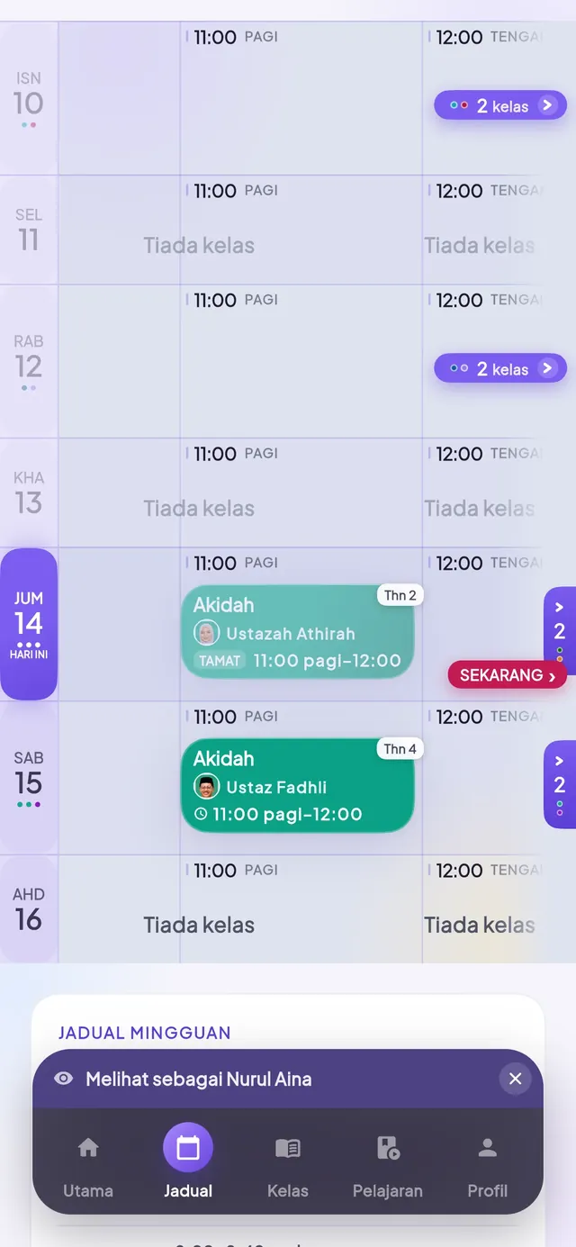 Skrin jadual mingguan app KAFA Boost.