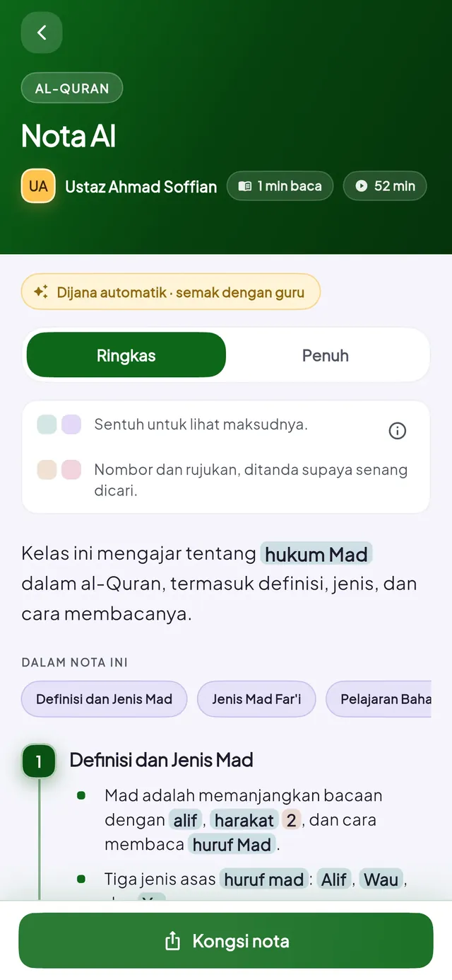 Skrin nota kelas app KAFA Boost.